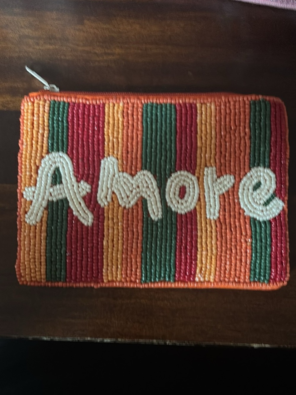 Beaded Amore Zip Pouch - Orange, Red, Green, Cream